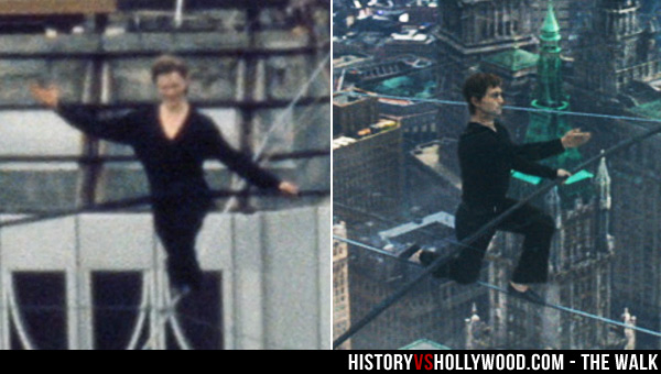 Philippe Petit kneeling on high-wire