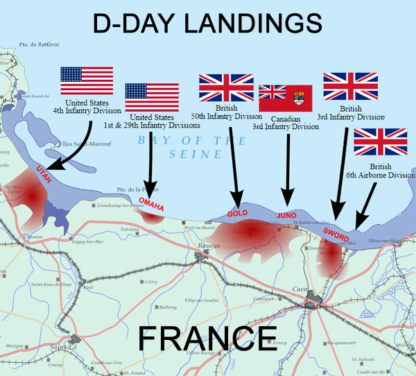 D-Day Landings Map by Country and Beach